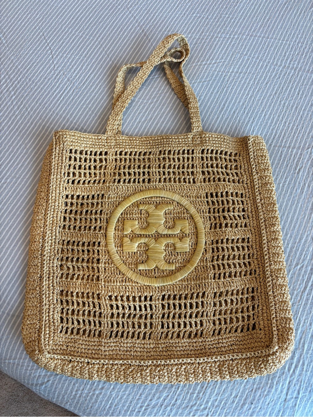 Tory Burch Tan Woven Crochet Tote with Round Logo